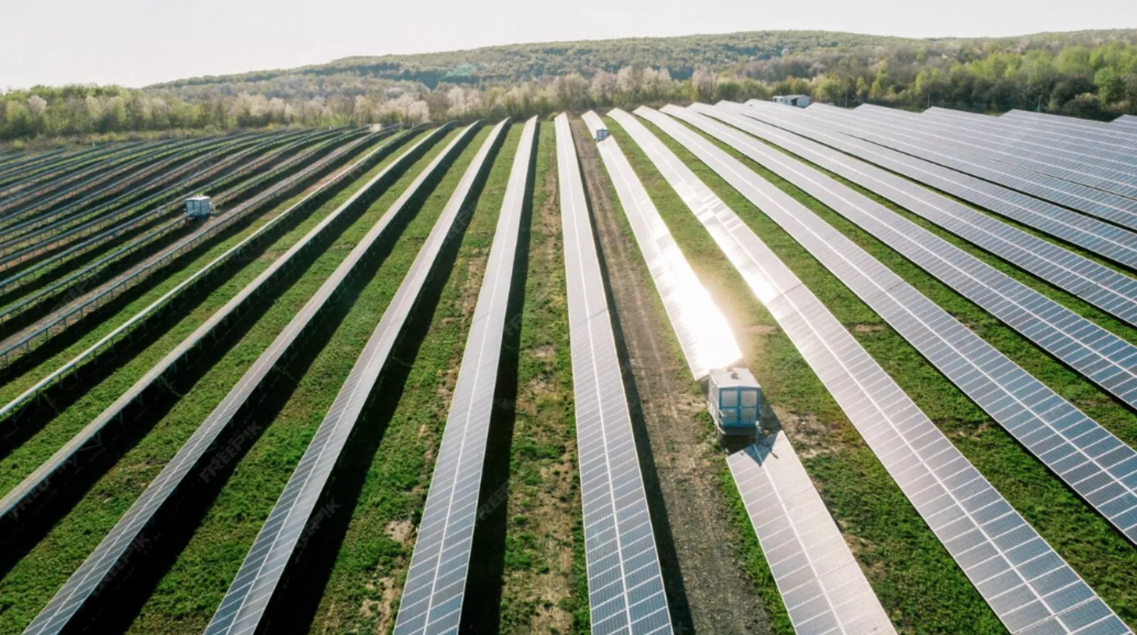 Vista aérea de una planta agrivoltaica con paneles solares instalados sobre cultivos en hileras