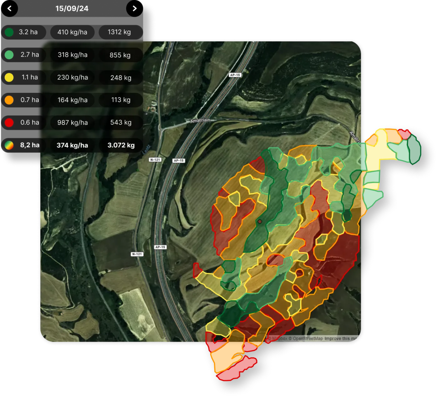 Mapa de predicción de cosecha por zonas productivas con tabla de rendimiento por hectárea
